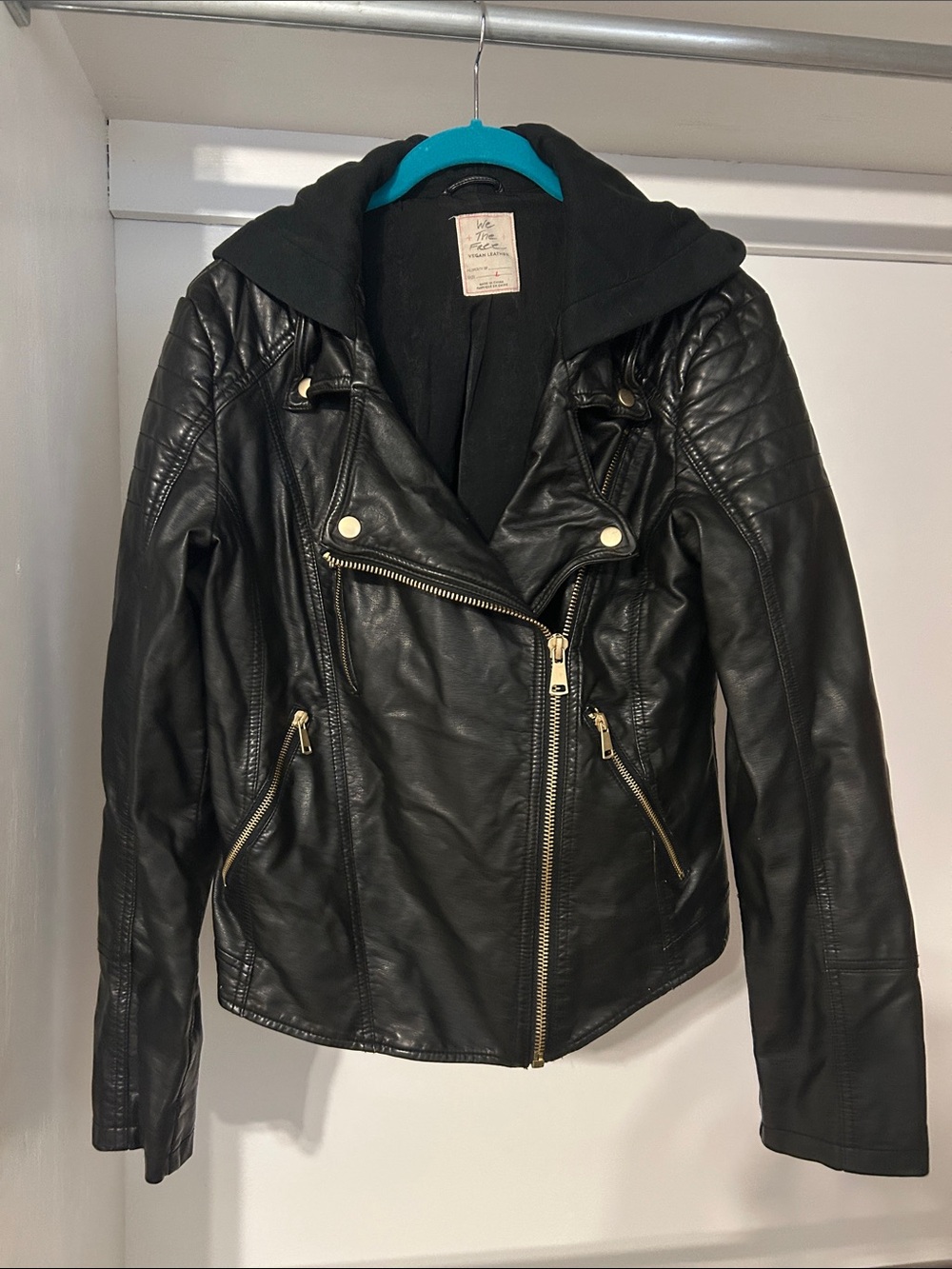 We The Free Black Faux Leather Hooded Moto Jacket with Gold Hardware